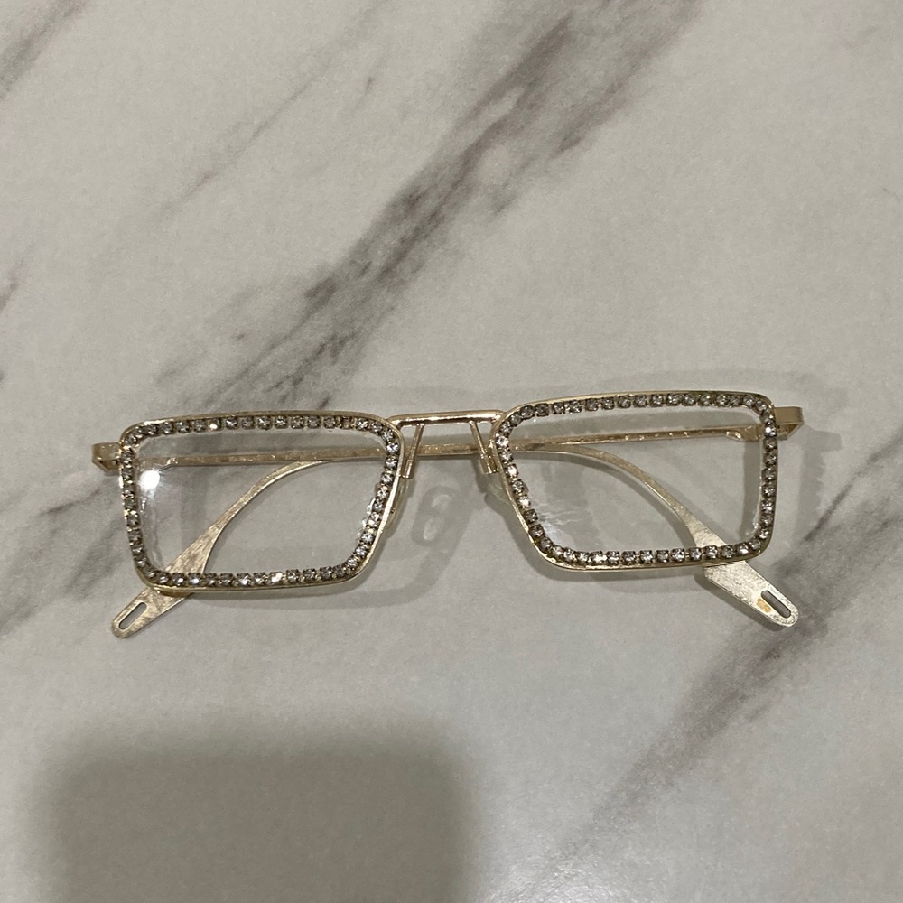 Gold Rhinestone Rectangle Frame Fashion Glasses - Picture 4 of 16